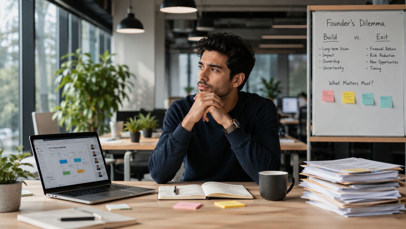 A thoughtful entrepreneur sits at a desk with a laptop and documents, considering a build or exit dilemma.