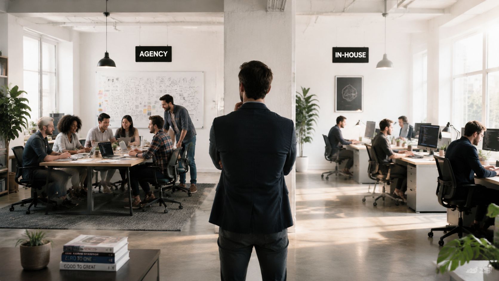 A professional man standing in an office space divided into agency and in-house team departments.