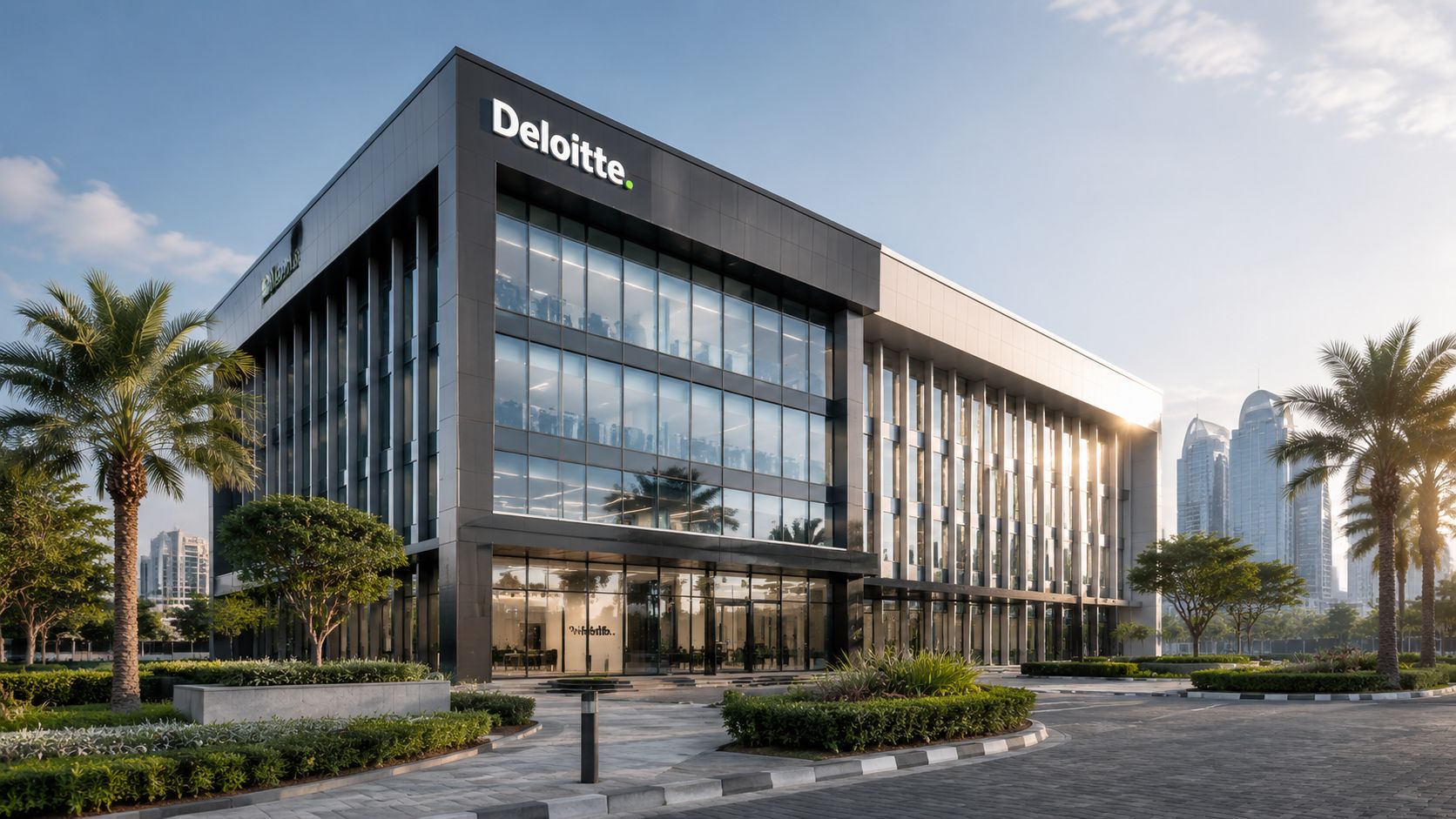 A modern, multi-story office building with a Deloitte sign displayed on its glass exterior facade.