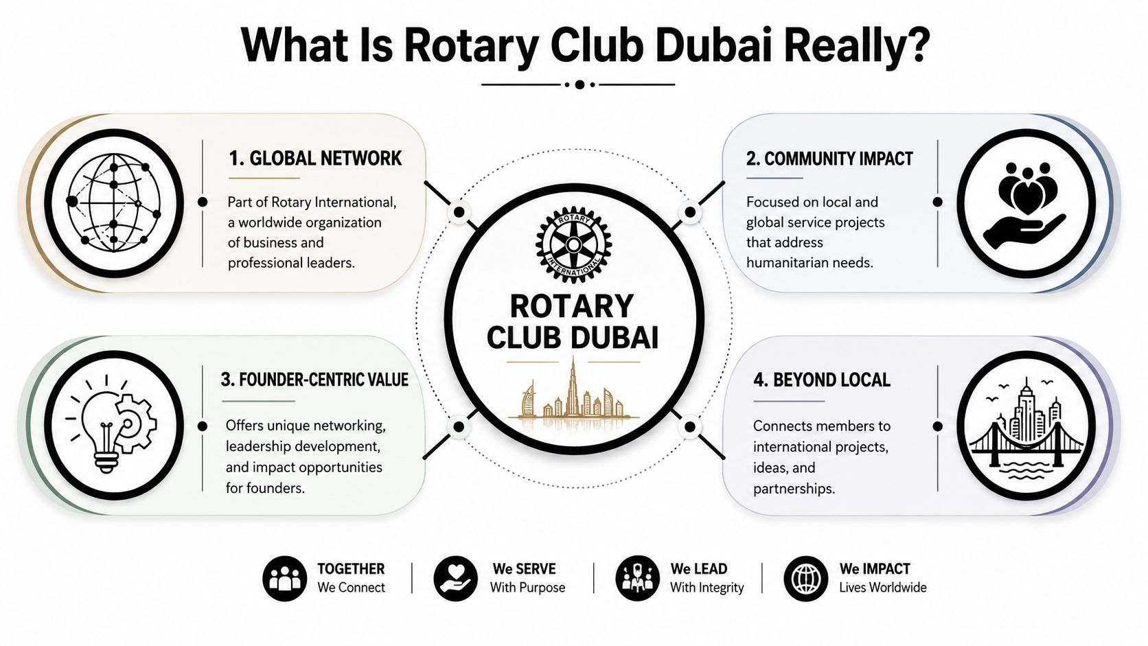 An infographic titled What Is Rotary Club Dubai Really detailing their global network, community impact, values, and mission.