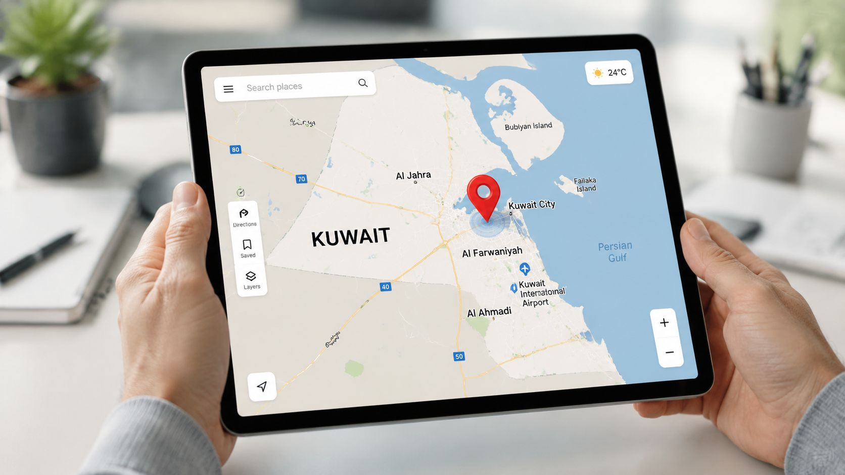 A person holding a tablet displaying a digital map of Kuwait with a red location pin.