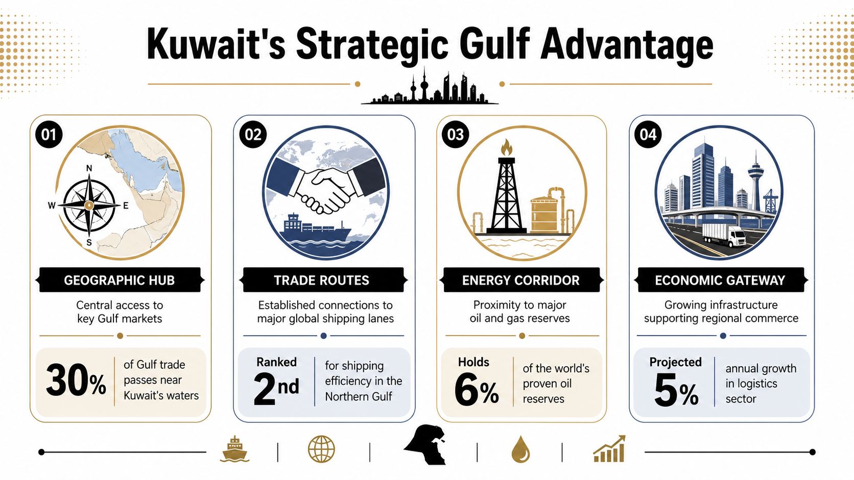 An infographic titled Kuwait's Strategic Gulf Advantage illustrating four key economic and geographic benefits for trade.