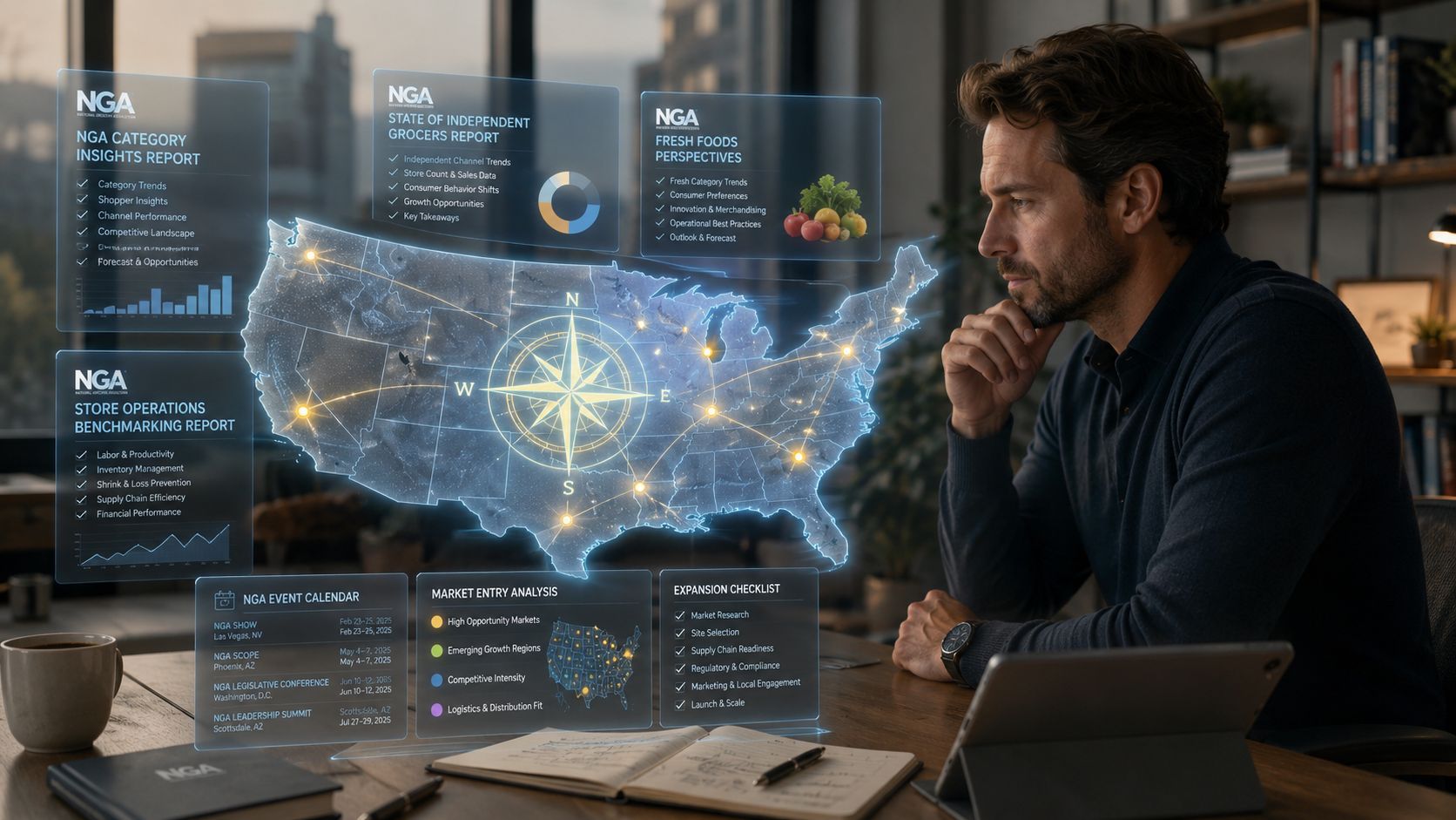 A professional analyzing digital business intelligence data projected on a holographic map of the United States.
