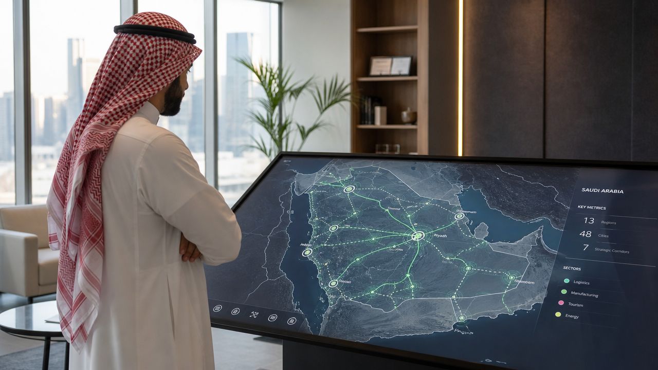 A man in traditional Saudi attire examining an interactive digital map display of Saudi Arabia's regional infrastructure.