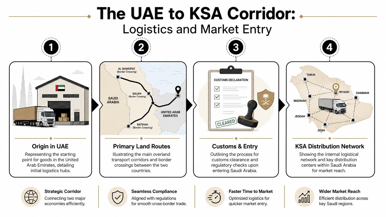 An infographic illustrating the logistics and supply chain process from the UAE to Saudi Arabia via land routes.