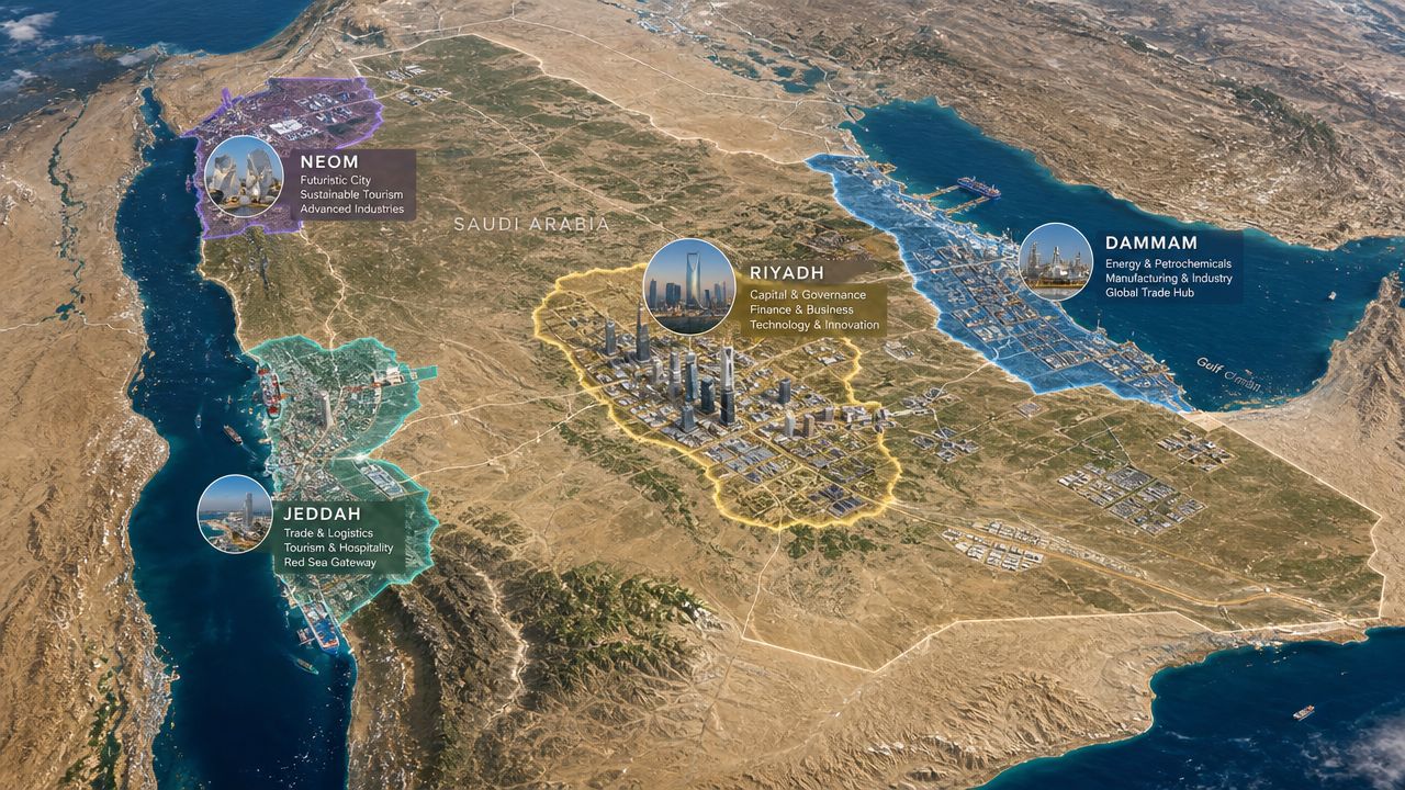 A satellite view map of Saudi Arabia highlighting key cities and investment projects like Neom and Riyadh.
