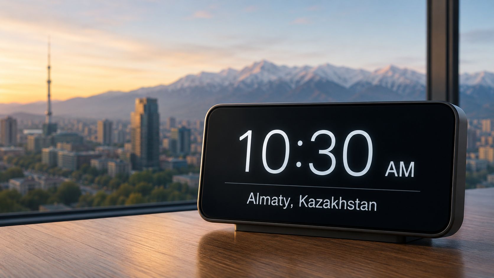A digital alarm clock on a wooden desk displaying 10:30 AM in Almaty, Kazakhstan, with city views.