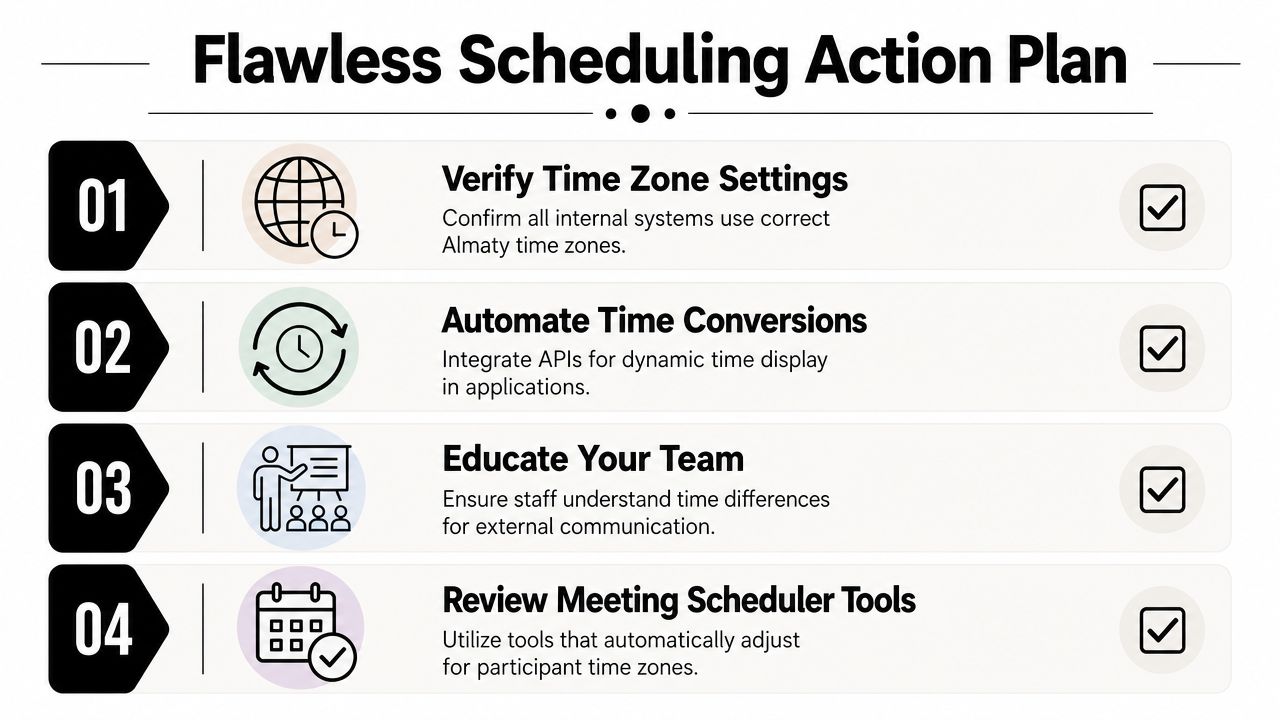 A four-step action plan infographic designed to help teams effectively manage and schedule Almaty time zone meetings.