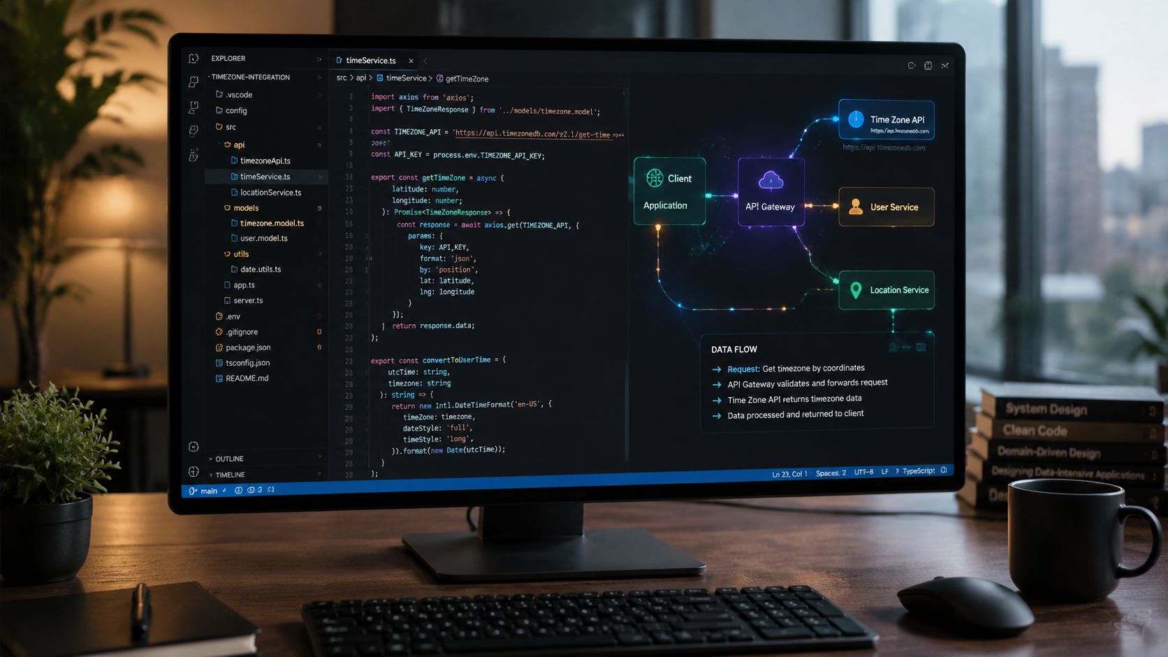 A modern computer monitor displaying code, a system architecture diagram, and data flow charts in a workspace.