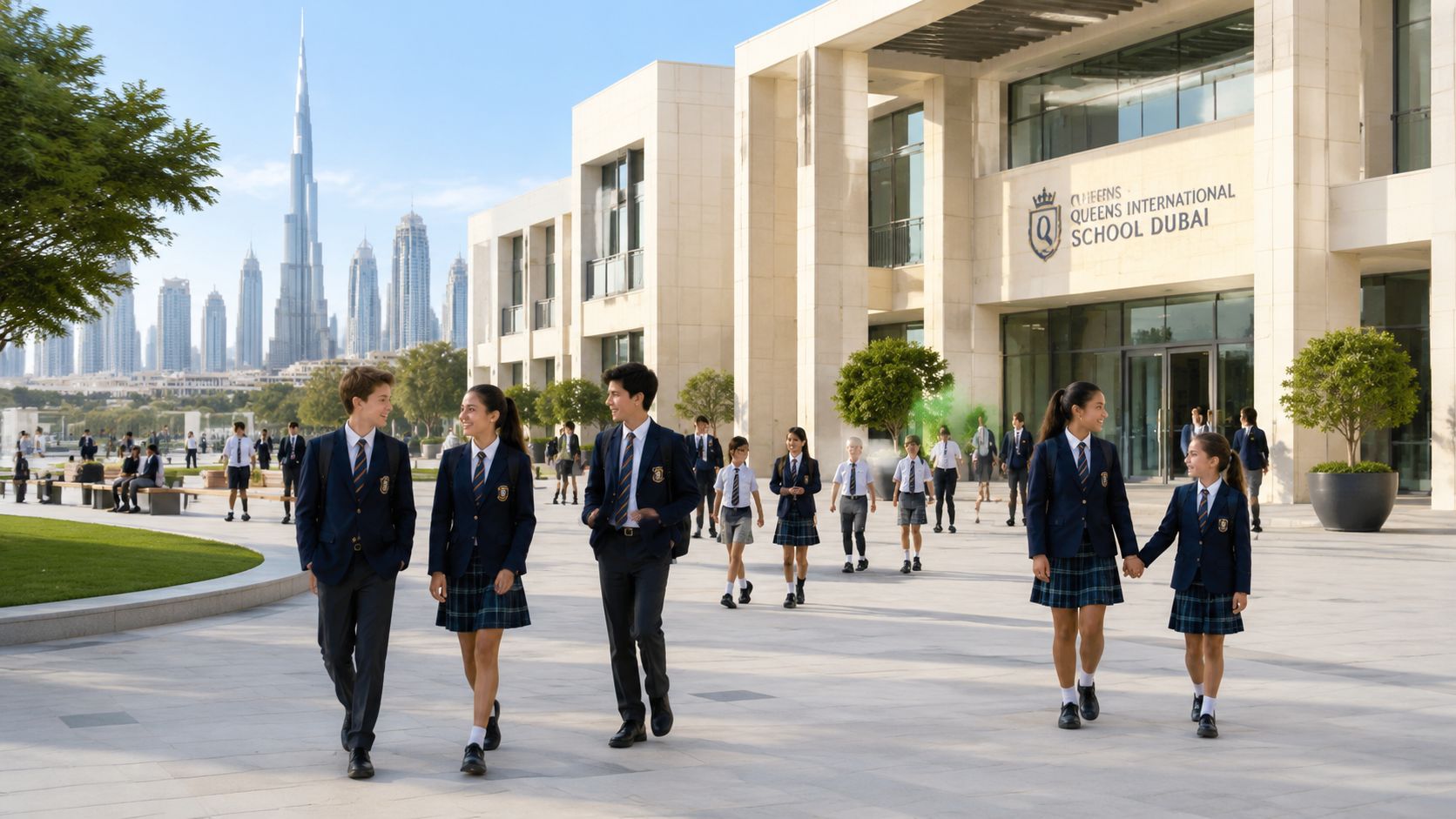 Students in school uniforms walking outside the Queens International School Dubai with the city skyline behind.