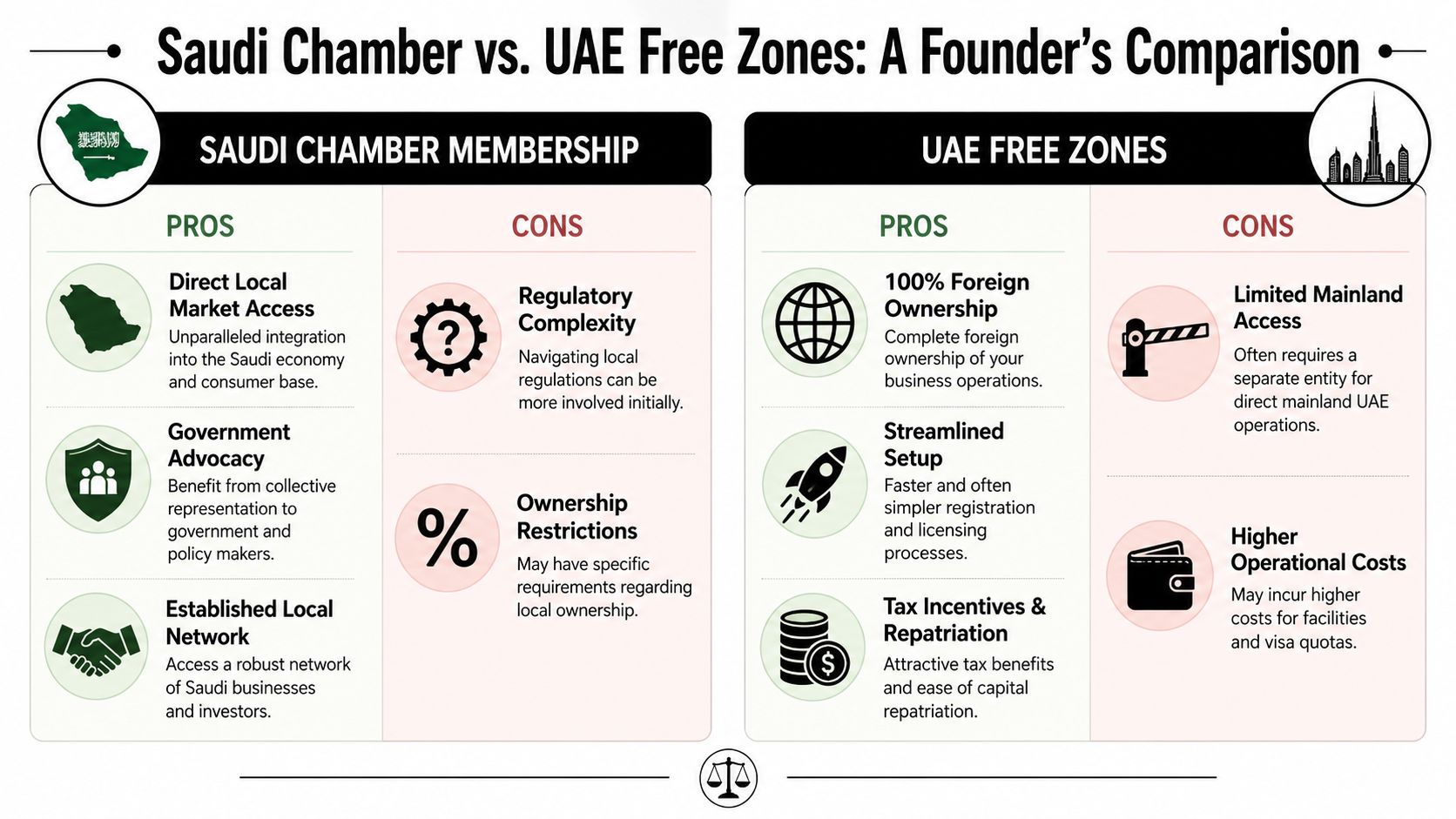 A comparison chart outlining the pros and cons of Saudi Chamber membership versus UAE Free Zones.