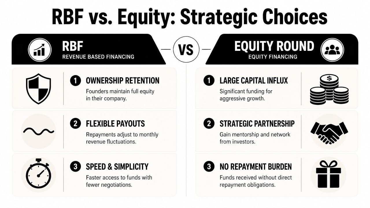 A comparison infographic between Revenue Based Financing and Equity Rounds for business funding choices.