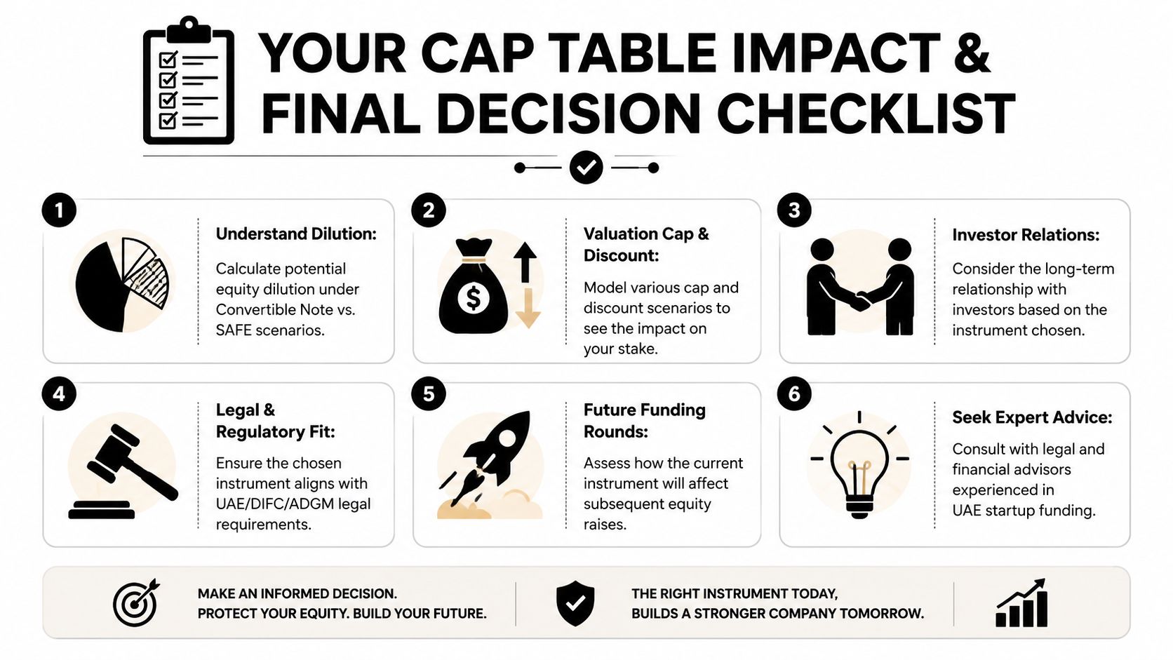 A checklist for UAE startups comparing convertible notes and SAFE instruments regarding cap table impact.