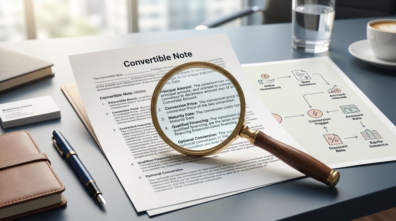 A magnifying glass resting on a document titled Convertible Note alongside a process flow diagram.