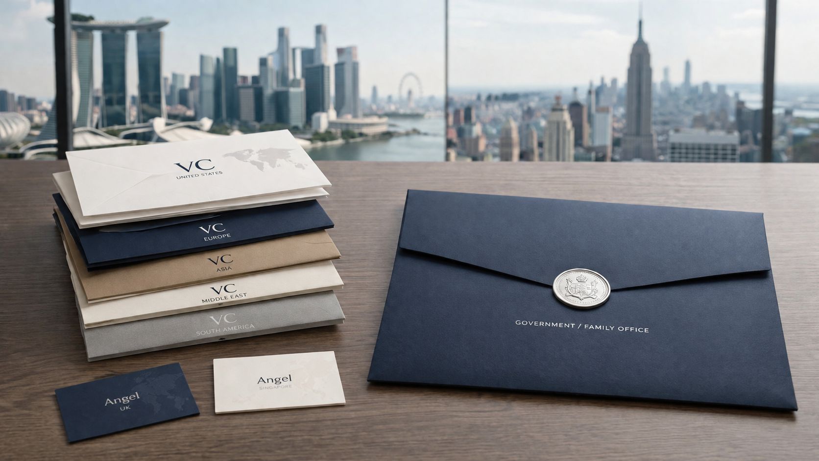 A stack of envelopes and business cards representing various global startup ecosystems displayed on a wooden desk.