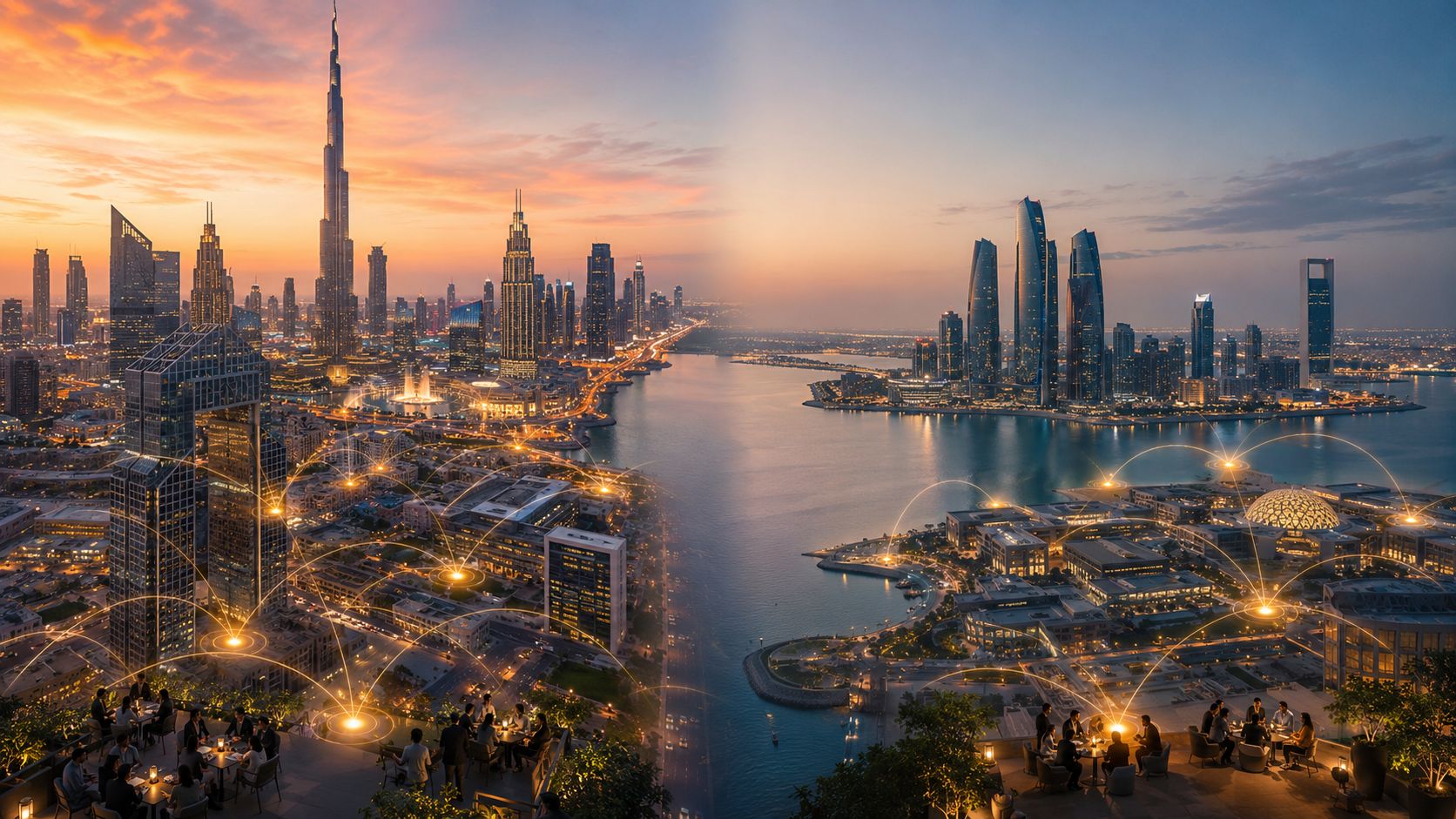 A split-screen panoramic view of Dubai and Abu Dhabi skylines with digital network nodes connecting urban areas.