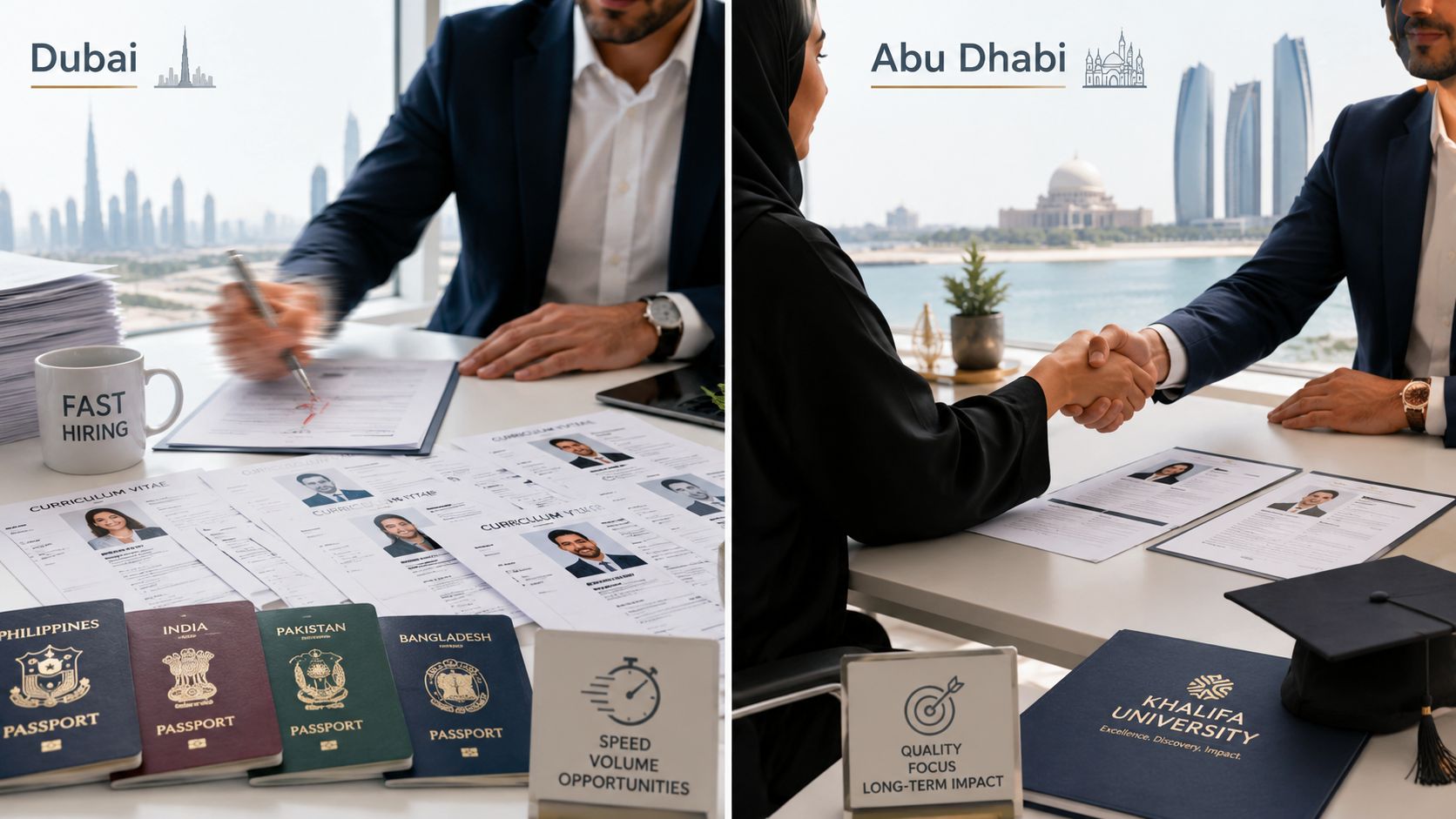 A split screen comparing hiring practices in Dubai with high-volume recruitment and Abu Dhabi with academic partnerships.