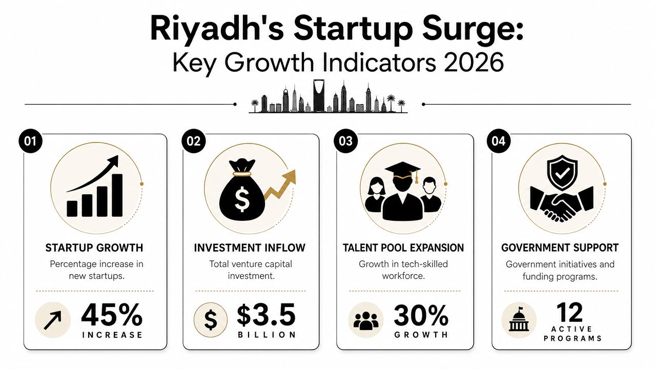 An infographic showing four key indicators for the Riyadh startup ecosystem in 2026, featuring growth and support statistics.