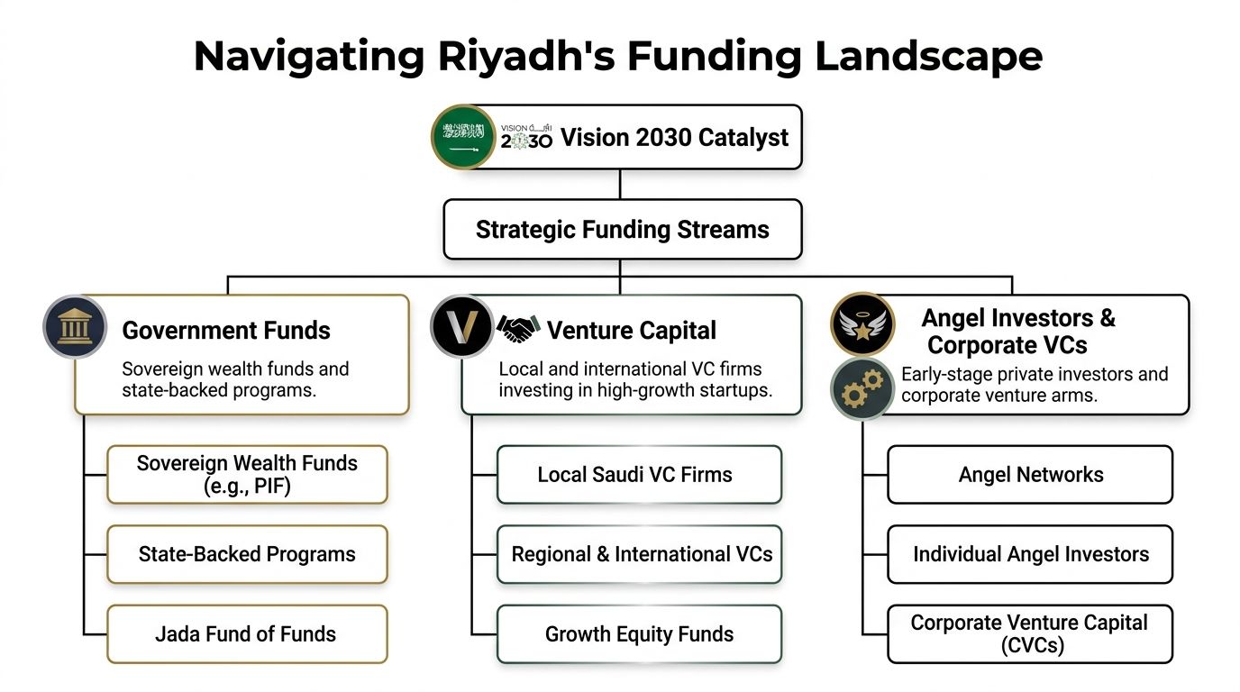 A flow chart outlining the diverse funding landscape and investment streams available within Riyadh's startup ecosystem.