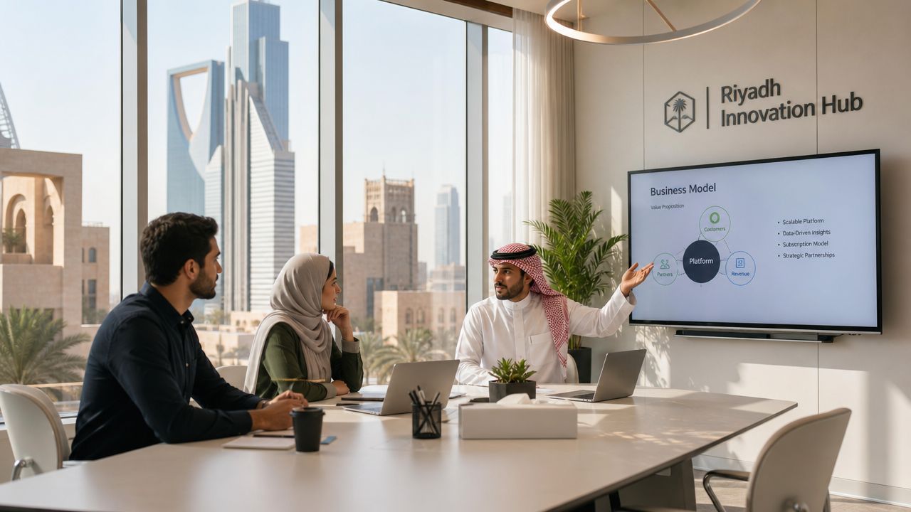 A professional business team meeting at the Riyadh Innovation Hub discussing a platform business model presentation.