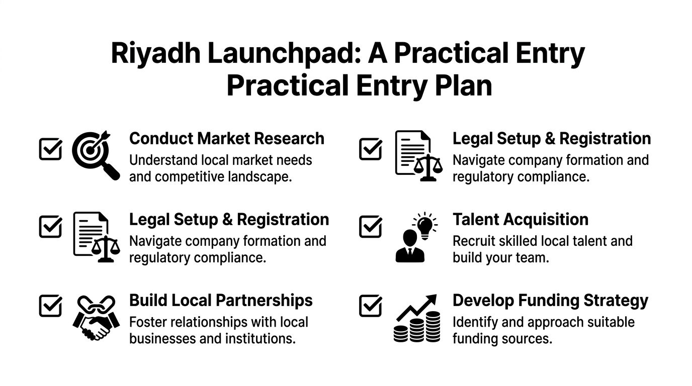 A strategic infographic outlining a six-step practical entry plan for businesses launching in the Riyadh startup ecosystem.