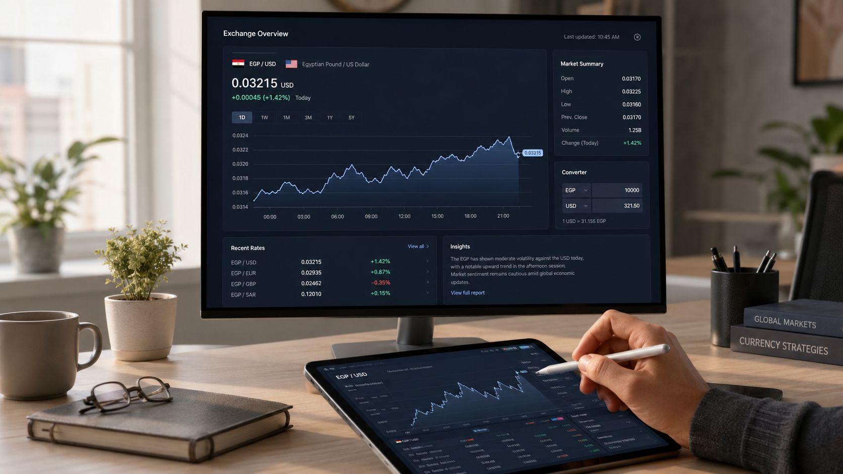 A professional desk setup featuring a desktop computer and tablet displaying live Egyptian Pound currency exchange rate data.