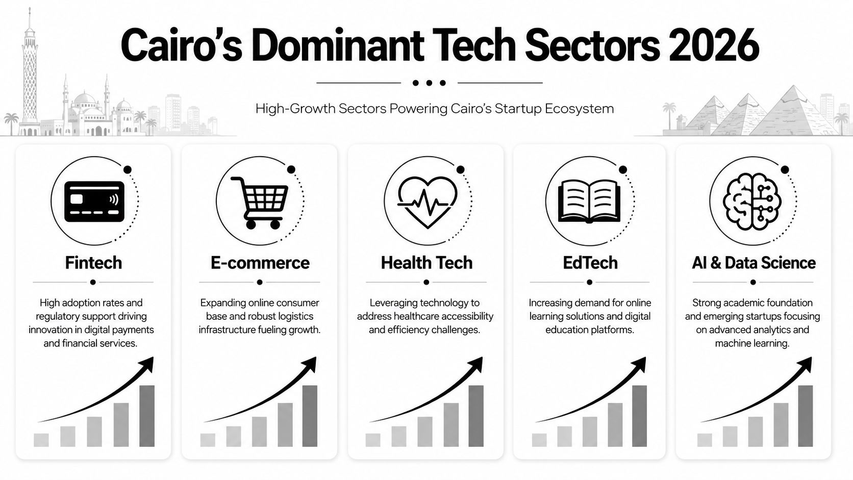An infographic showing five dominant tech sectors in Cairo's startup ecosystem, including Fintech, E-commerce, Health Tech, EdTech, and AI.