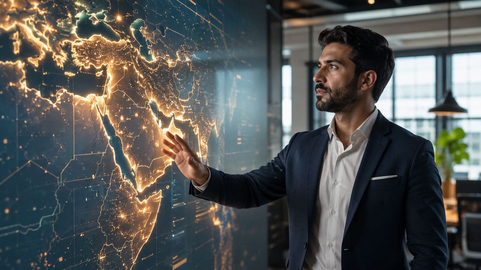 A professional man gesturing towards a digital glowing map of the Middle East in a modern office.