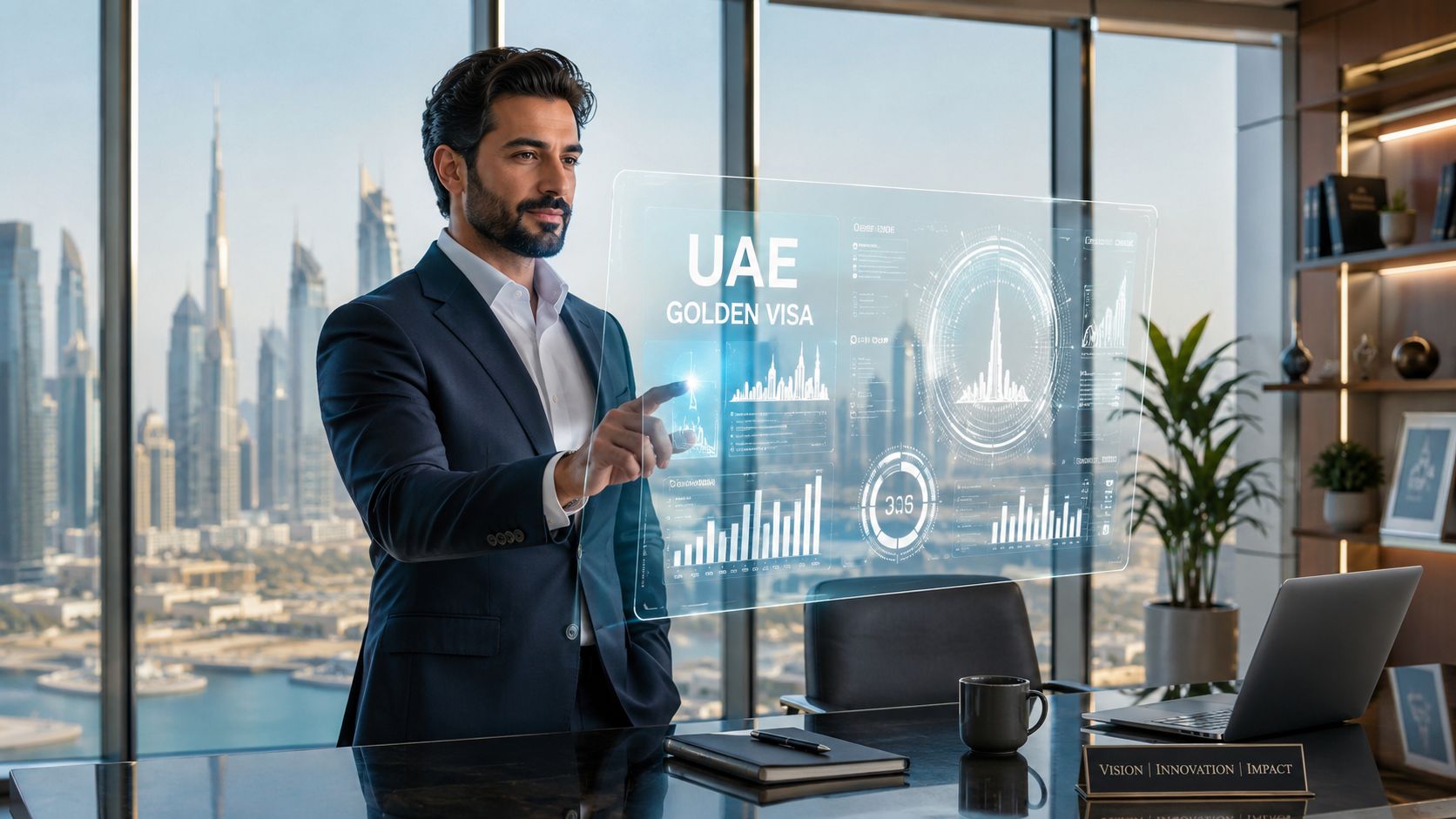 A professional businessman interacting with a holographic interface displaying UAE Golden Visa information in a Dubai office.