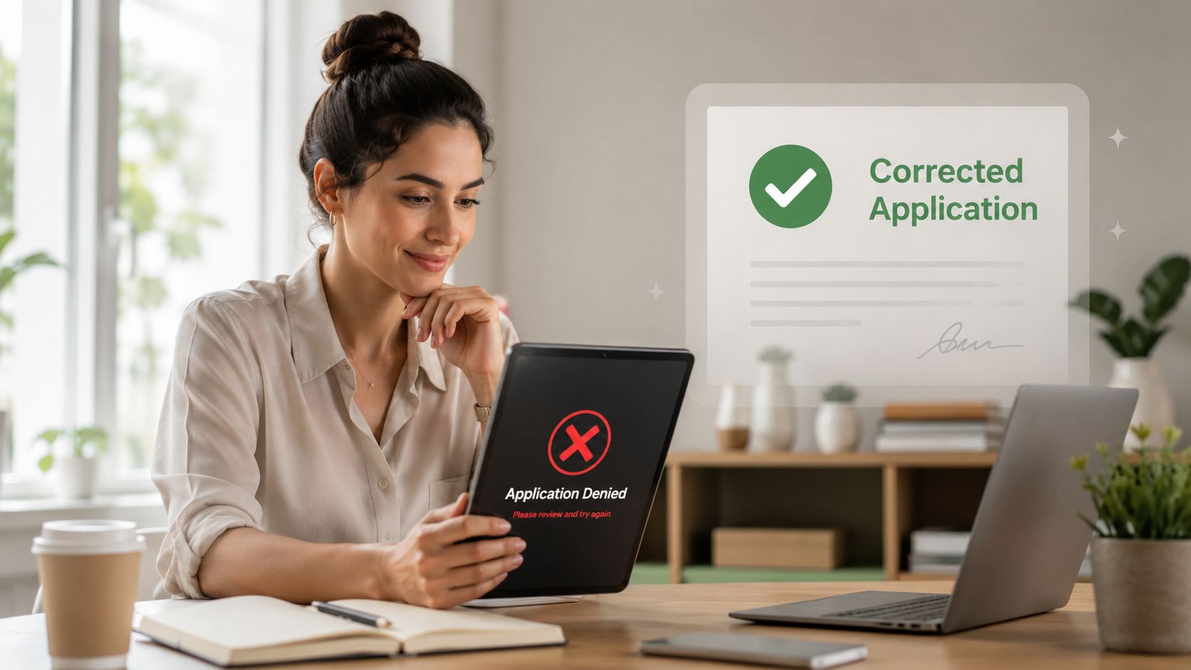 A woman looks at her tablet displaying an application denial message while reviewing application status details.