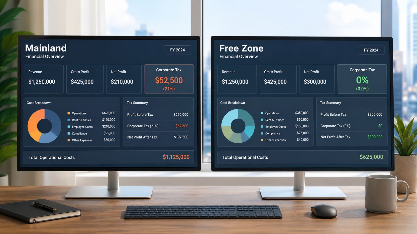Comparison of financial performance and tax structures between UAE mainland and free zone company models on monitors.