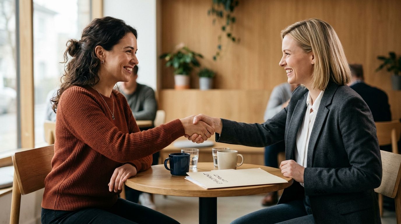 A professional woman in a blazer shakes hands with another woman over an employment contract in a cafe.