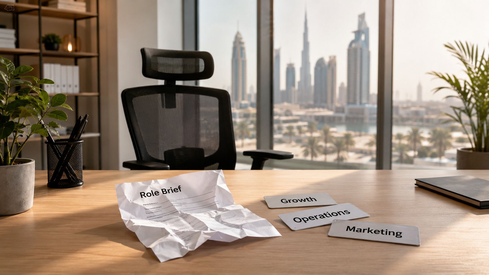 A crumpled job role brief document on a wooden desk with growth, operations, and marketing labels.