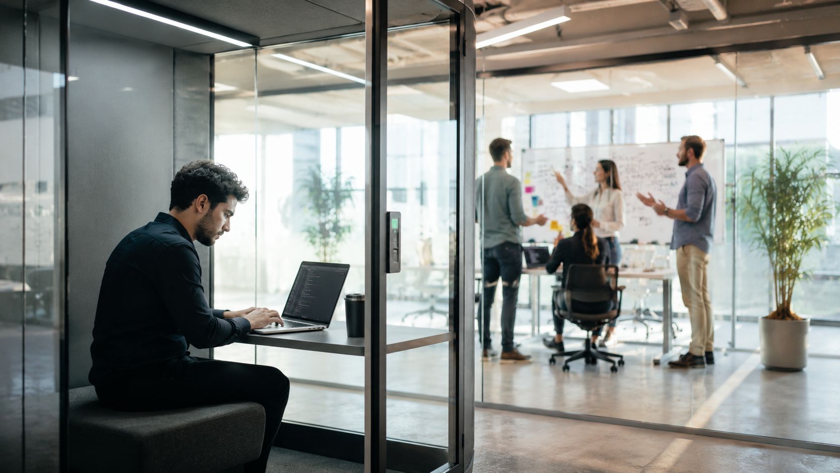 A professional man works on his laptop inside a modern glass-enclosed office pod with colleagues collaborating nearby.