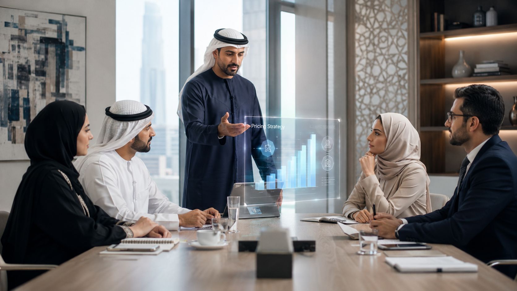 A professional team in a modern office meeting discusses a digital pricing strategy chart with a holograph.