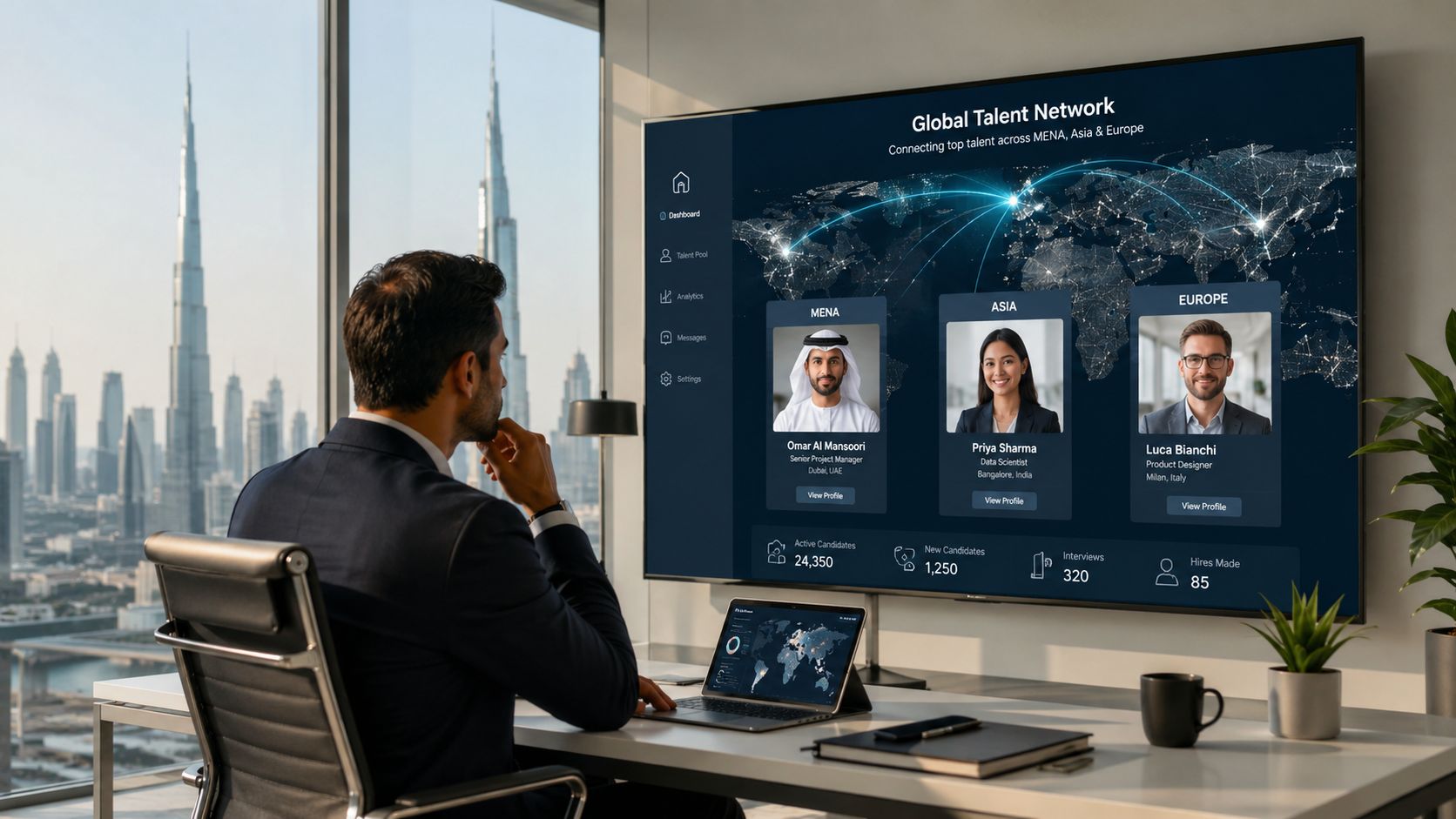 A professional man overlooking Dubai skyline while viewing a global talent dashboard on a large screen.