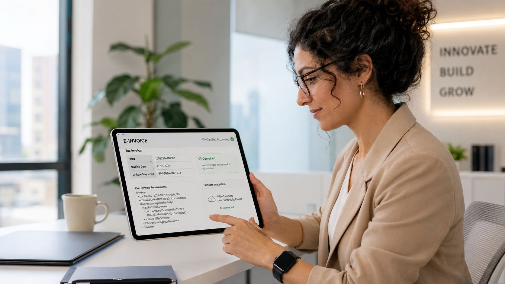 A professional woman reviews digital tax invoice documentation on a tablet in a modern office workspace.