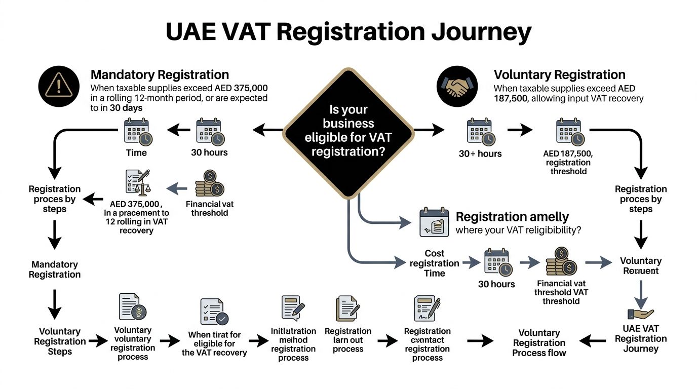 A flowchart infographic explaining the mandatory and voluntary UAE VAT registration process for businesses.