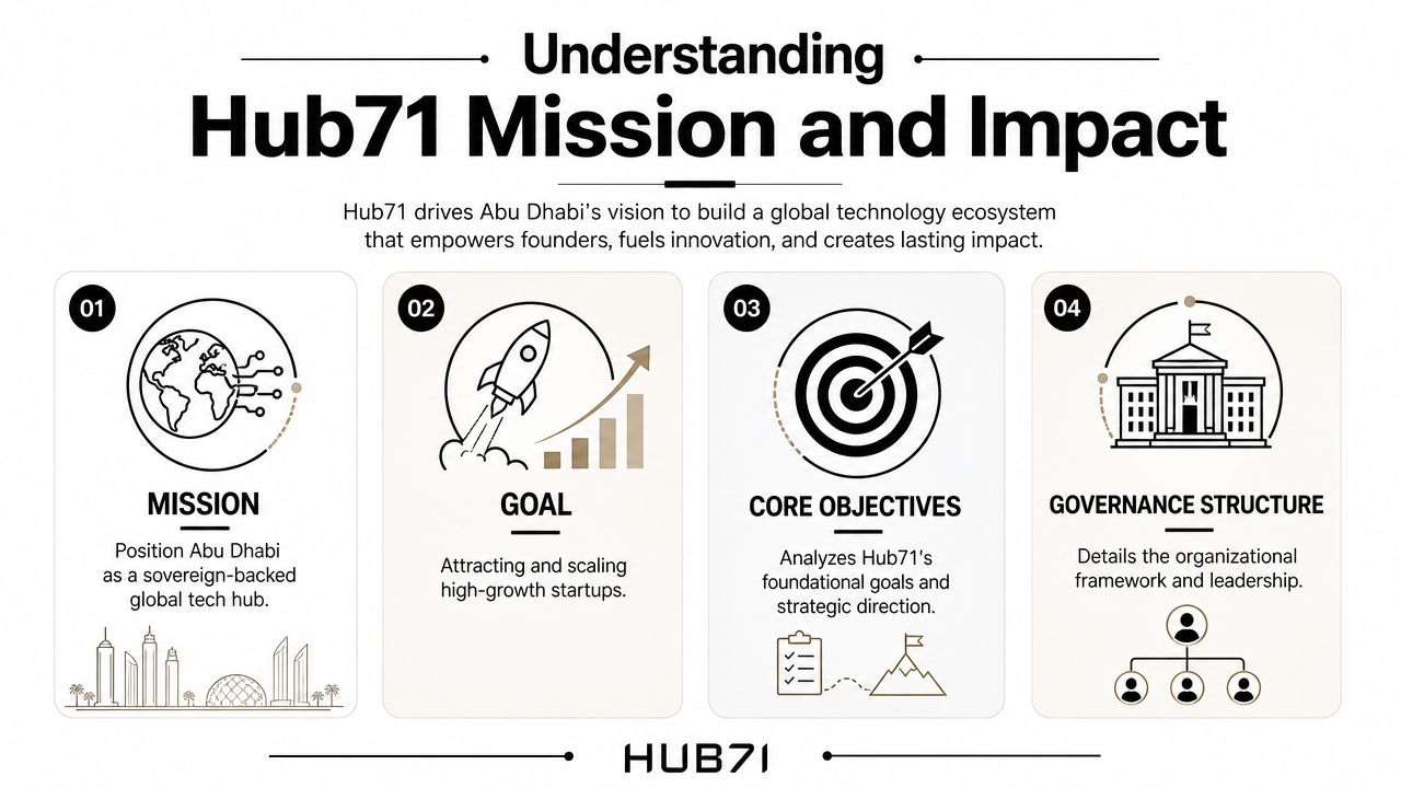 An infographic titled Understanding Hub71 Mission and Impact highlighting goals, objectives, and the governance structure.