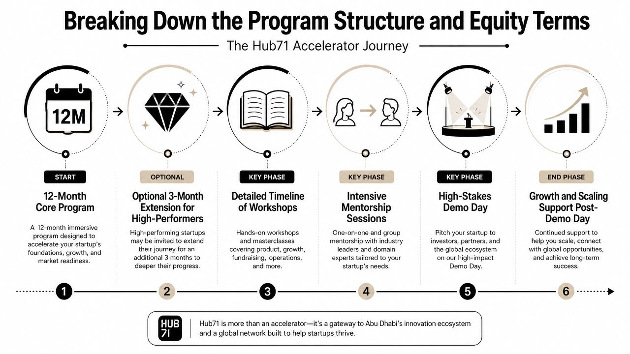 A visual timeline infographic detailing the Hub71 accelerator program structure, phases, and its growth support.