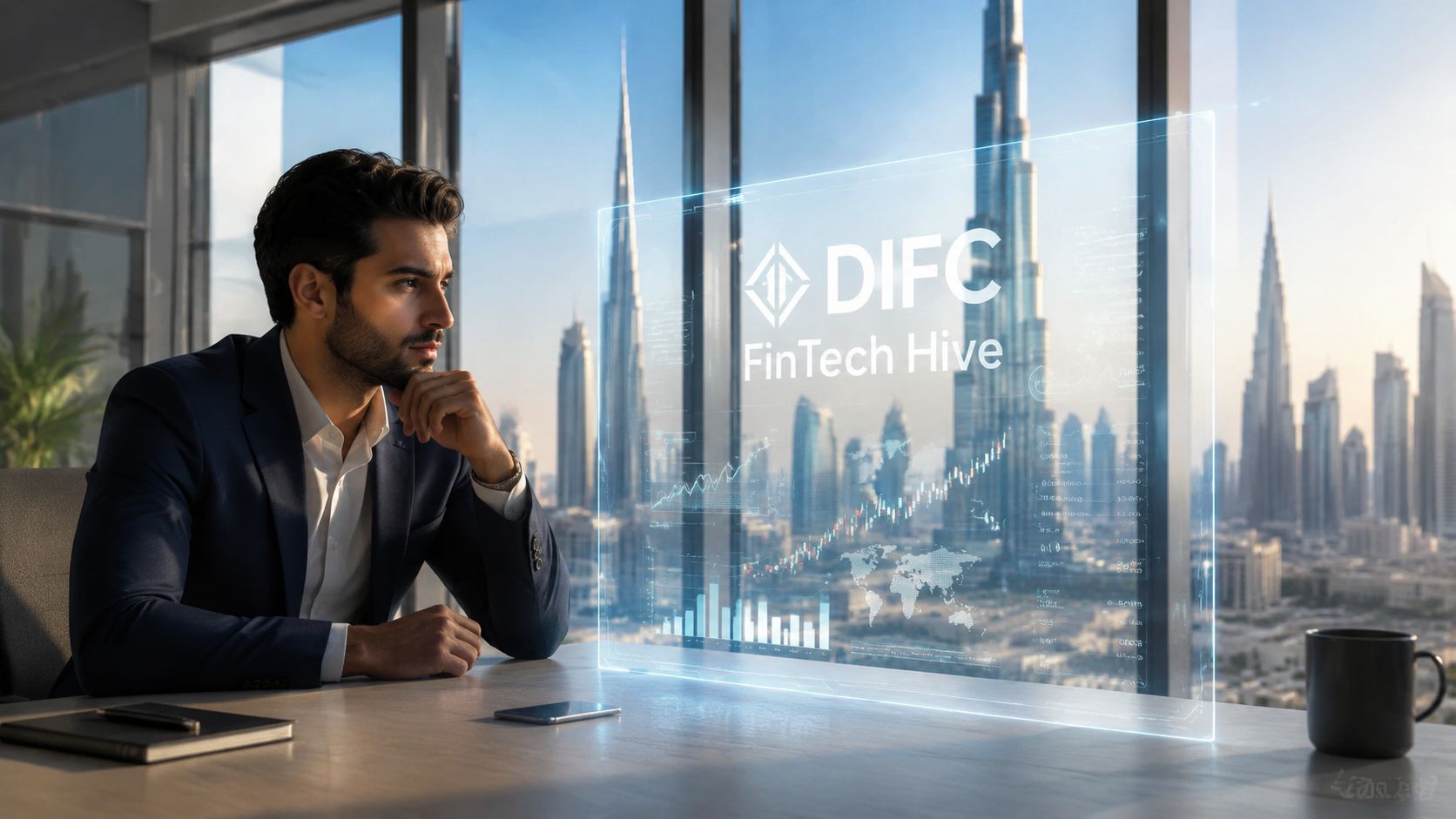 A professional man in a suit looking at a digital holographic display of financial data in Dubai.
