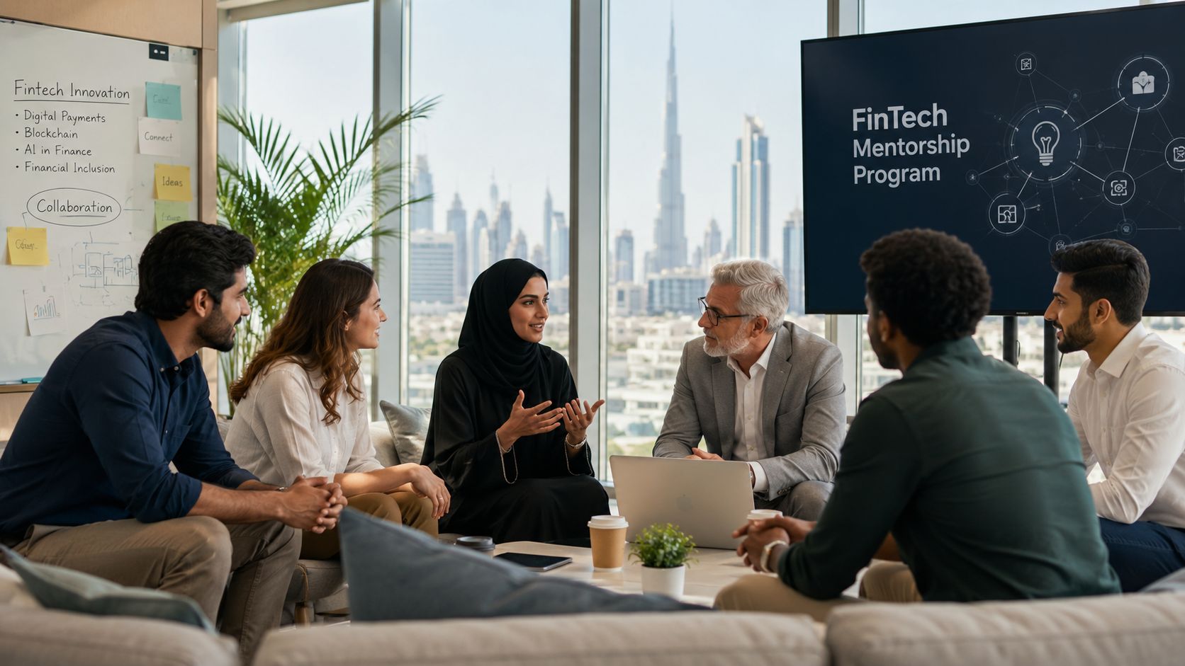 A diverse group of professionals collaborating in a modern office with a view of the Dubai skyline.