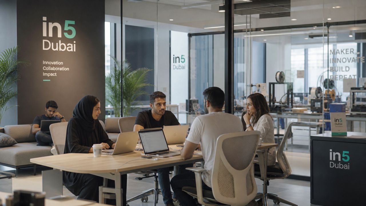 A group of diverse professionals working together on laptops in a modern co-working office space in Dubai.