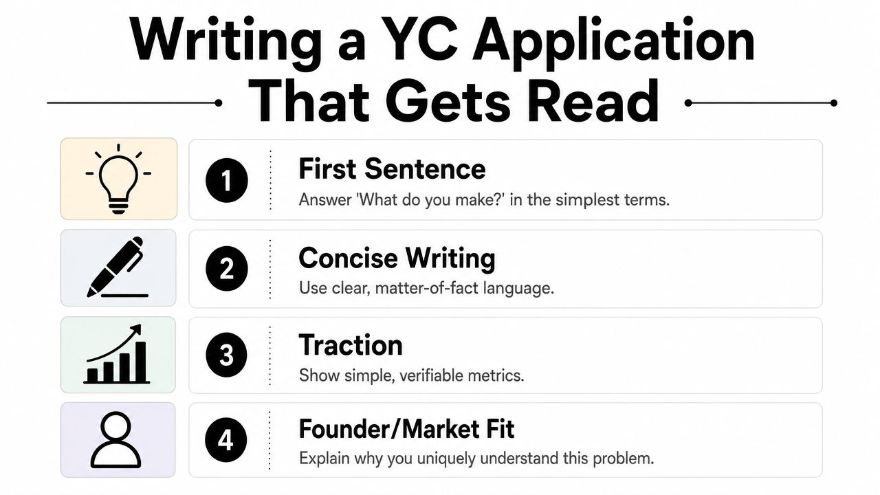 An infographic titled Writing a YC Application That Gets Read, listing four key tips for applicants.