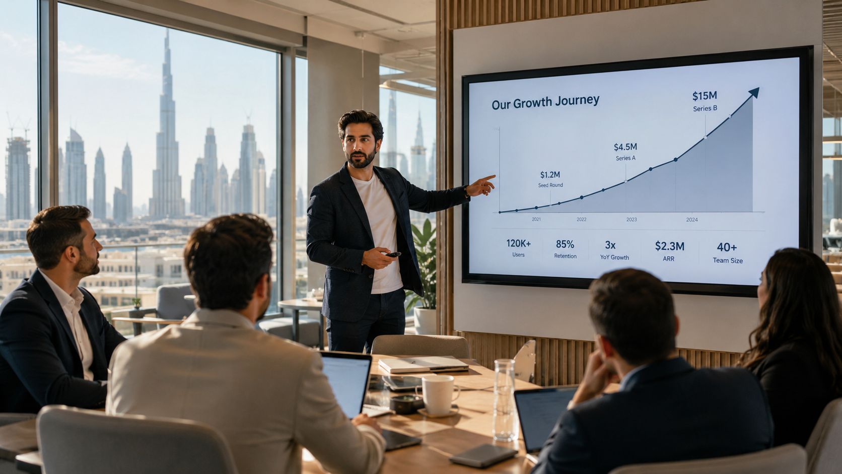 A professional man presenting a business growth chart to a team in a Dubai office boardroom.