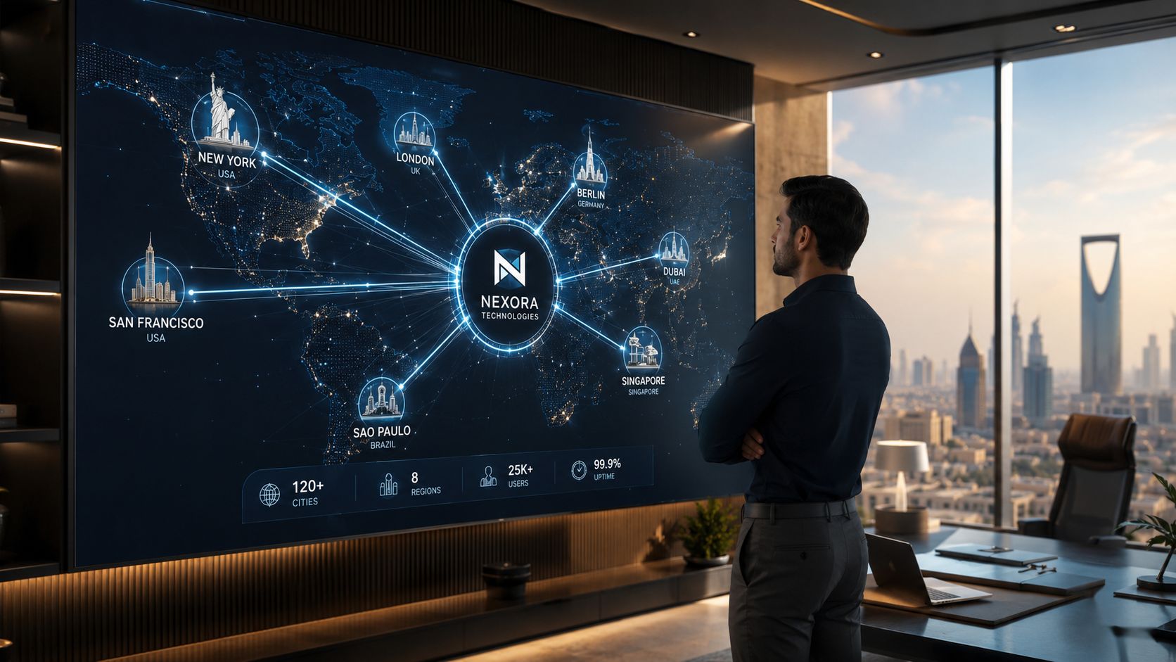 A professional man observing a digital world map display in a modern office overlooking a city.