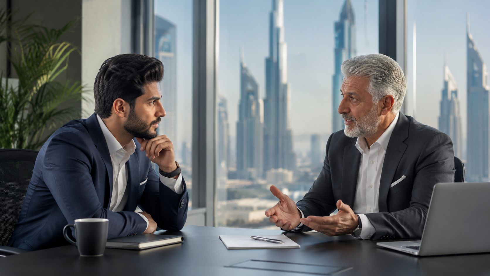 Two professional businessmen in suits discussing business at an office desk overlooking the Dubai skyline.