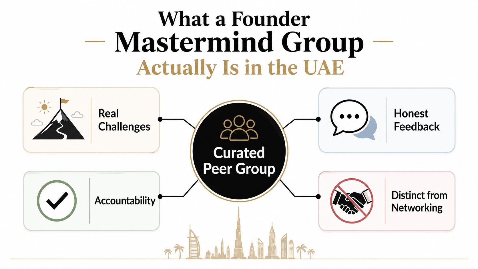 A diagram explaining the core pillars of a founder mastermind group in the UAE, including peer support and accountability.