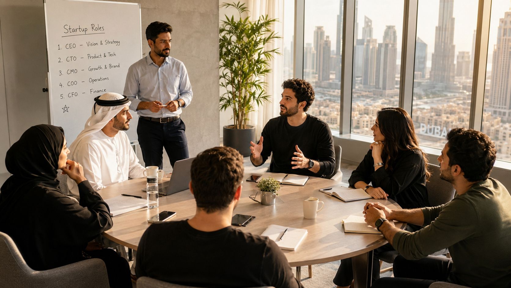 A diverse group of professional startup founders collaborating in a modern office overlooking the Dubai skyline.