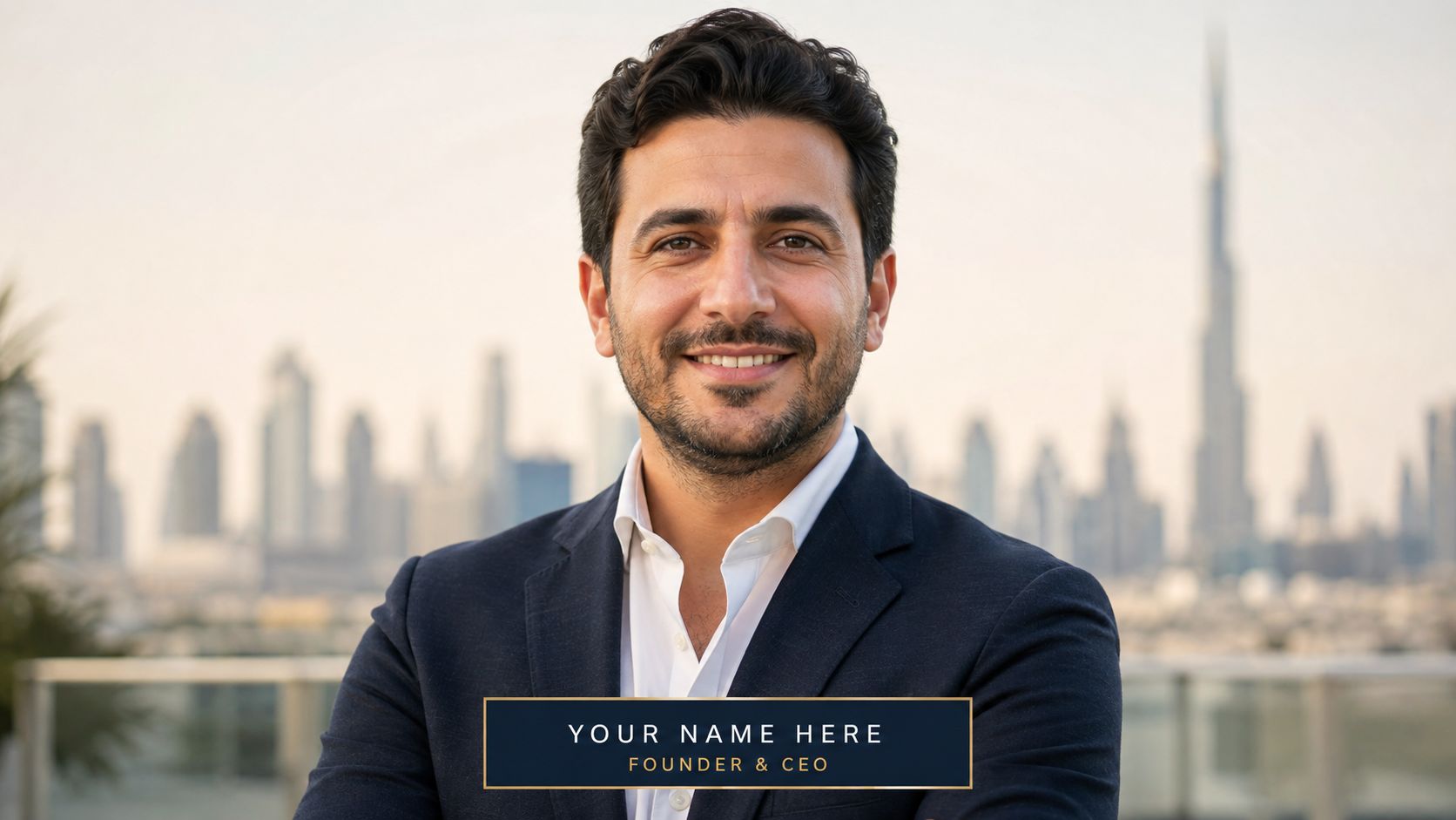 A professional portrait of a male CEO smiling against the backdrop of the Dubai skyline.